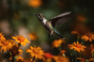 Humming bird hovering over colorful, pollen filled flowers