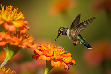 Fototapeta premium Humming bird hovering over colorful, pollen filled flowers