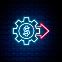 Glowing neon line Gear with dollar symbol icon isolated on brick wall background. Business and finance conceptual icon. Colorful outline concept. Vector