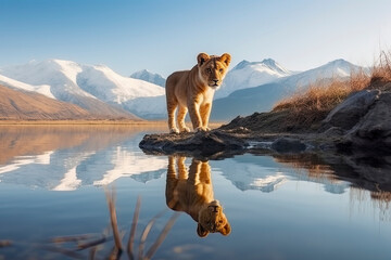 Lion cub looking the reflection of an adult lion in the water on a background of mountains - obrazy, fototapety, plakaty