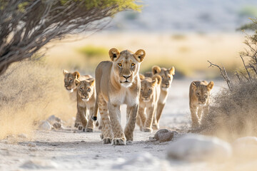 Lion pride led by an adult female lioness with lots of lion cubs walking