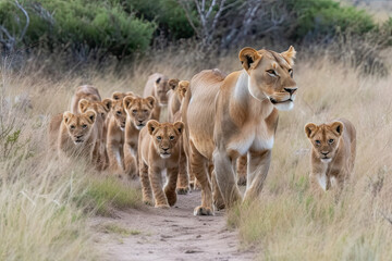 Lion pride led by an adult female lioness with lots of lion cubs walking