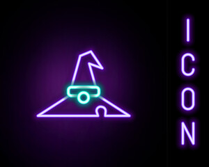 Glowing neon line Witch hat icon isolated on black background. Happy Halloween party. Colorful outline concept. Vector