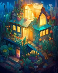 Obraz na płótnie Canvas colorful cactus house ilustration art painting generated ai
