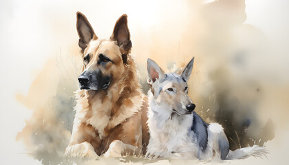 water color painting of a two dogs lying next to each other on the grass. generative ai