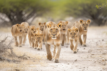 Lion pride led by an adult female lioness with lots of lion cubs walking - obrazy, fototapety, plakaty