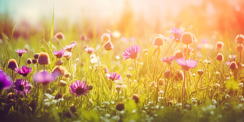 flowers in a spring green field, in the style of stockphoto, vibrant stage backdrops, sun - kissed palettes, light amber and purple, generative ai