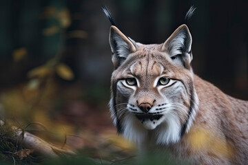 Fototapeta premium Lynx looks with predatory eyes from the shelter, hidden in the forest while walking