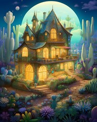 colorful cactus house ilustration art painting generated ai