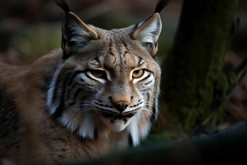 Naklejka na ściany i meble Lynx looks with predatory eyes from the shelter, hidden in the forest while walking