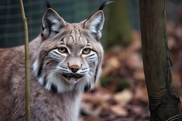 Obraz premium Lynx looks with predatory eyes from the shelter, hidden in the forest while walking