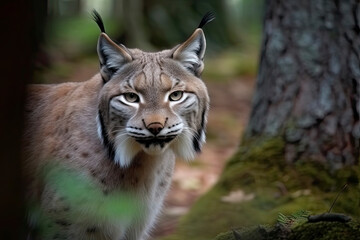 Fototapeta premium Lynx looks with predatory eyes from the shelter, hidden in the forest while walking