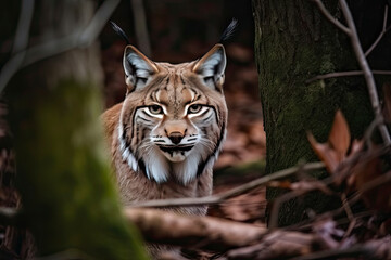 Obraz premium Lynx looks with predatory eyes from the shelter, hidden in the forest while walking