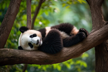 Obraz premium Panda Bear Sleeping on a Tree Branch, China Wildlife