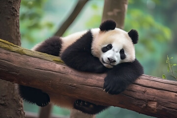 Obraz premium Panda Bear Sleeping on a Tree Branch, China Wildlife