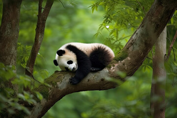 Obraz premium Panda Bear Sleeping on a Tree Branch, China Wildlife