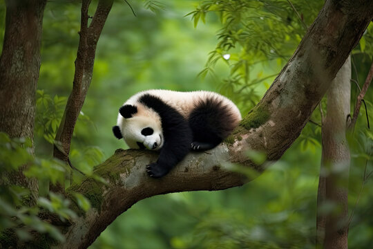Panda Bear Sleeping on a Tree Branch, China Wildlife