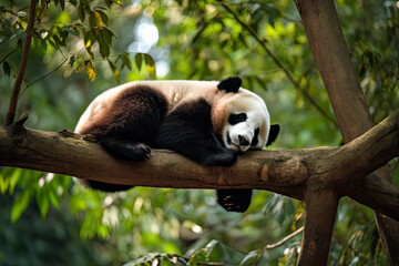Obraz premium Panda Bear Sleeping on a Tree Branch, China Wildlife