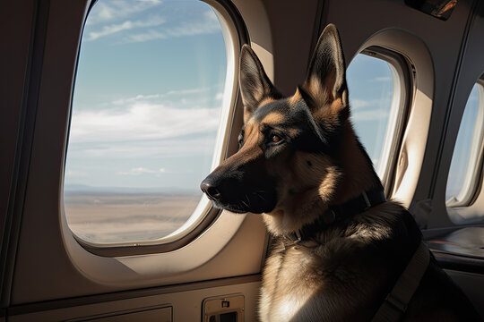 Travelling with pet. Cute long haired dog near window in airplane Generative AI