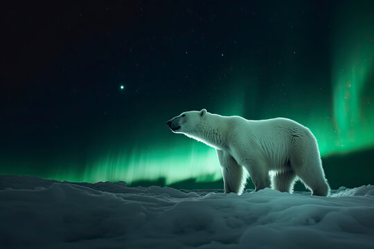 Polar bear with Northern Lights, Aurora Borealis. Night image with stars
