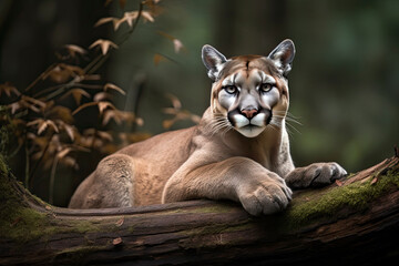 Fototapeta premium Portrait of a cougar, mountain lion, puma, panther, striking a pose on a fallen tree