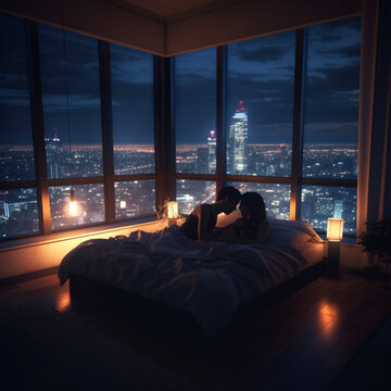 couple, young lady, kiss, hug, bed, Manshon, hotel, tower, high floor, bed, nice view, sex, night view, night (3)