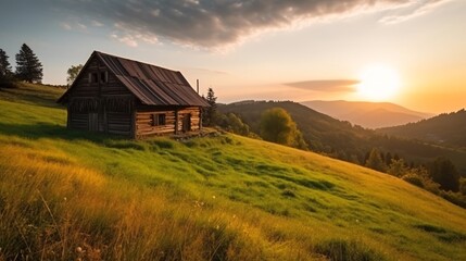 wooden house on hill, grass fields around, mountaint in the background, cozy, idyllic, golden hour, generative ai