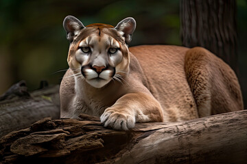 Portrait of a cougar, mountain lion, puma, panther, striking a pose on a fallen tree