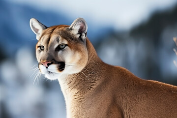 Portrait of a cougar, mountain lion, puma, Winter mountains