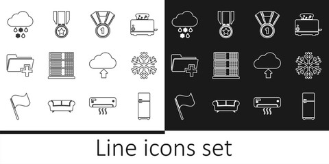 Set line Refrigerator, Snowflake, Medal, Server, Data, Web Hosting, Add new folder, Cloud with snow and rain, upload and star icon. Vector