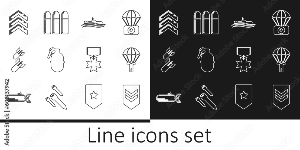 Wall mural set line chevron, parachute, submarine, hand grenade, aviation bomb, military rank, reward medal and