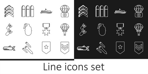 Set line Chevron, Parachute, Submarine, Hand grenade, Aviation bomb, Military rank, reward medal and Bullet icon. Vector