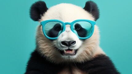 Obraz premium Close up of a cute cool panda with blue sunglasses, Generative AI