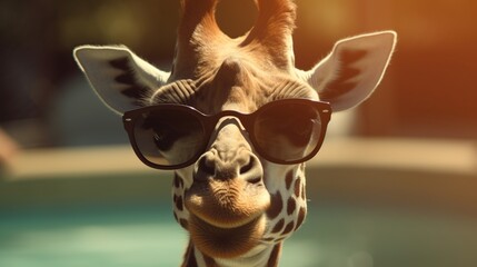 Close up of a cool giraffe with sunglasses at the pool, Generative AI