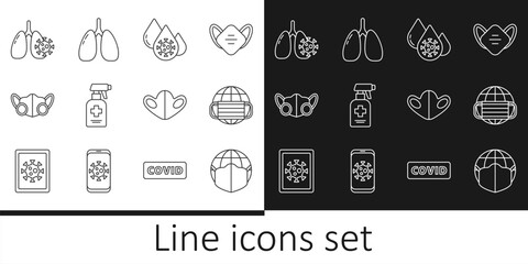 Set line Earth with medical mask, Blood test and virus, Liquid antibacterial soap, Medical protective, Virus cells in lung, and Lungs icon. Vector