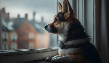 Puppy sitting on a windowsill, gazing out at a misty, ethereal cityscape in the distance, generative ai