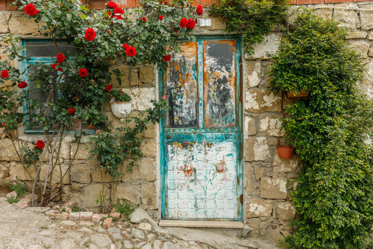 painted village house door with roses