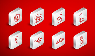 Set line Bottle with milk, Tree, Wooden axe, Waterproof rubber boot, Pickup truck, Shield pig, Wheelbarrow dirt and Shovel icon. Vector