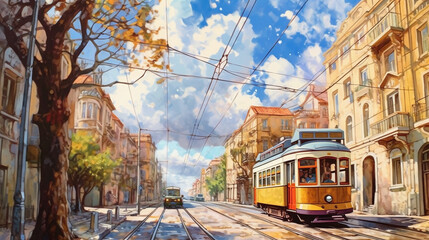 Yellow tram in Lisbon, Europe, Travel, Summer, Tourist1 - obrazy, fototapety, plakaty
