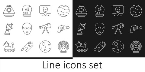 Set line Radar, Ray gun, Alien, Satellite dish, Space capsule, Telescope and Astronaut helmet icon. Vector