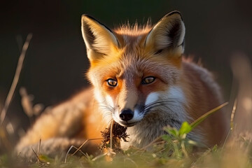 Red Fox after hunting, Vulpes vulpes, wildlife scene from Europe.Portrait of fox with prey on meadow