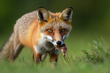 Red Fox after hunting, Vulpes vulpes, wildlife scene from Europe.Portrait of fox with prey on meadow