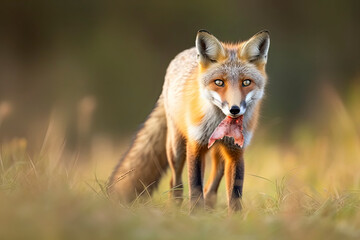 Fototapeta premium Red Fox after hunting, Vulpes vulpes, wildlife scene from Europe.Portrait of fox with prey on meadow