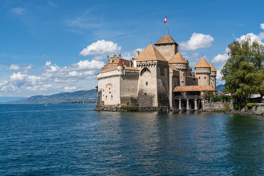 View of Chillon Castle, a popular tourist landmark located on the shores of Lake Geneva near Montreux. Veytaux, Switzerland, Aug. 2022