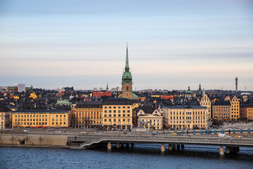 Stockholm city center, Yellow houses and seaside. Yellow city and dark roofs 