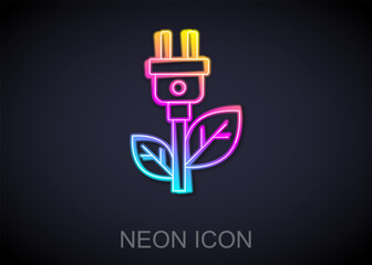 Glowing neon line Electric saving plug in leaf icon isolated on black background. Save energy electricity. Environmental protection. Bio energy. Vector
