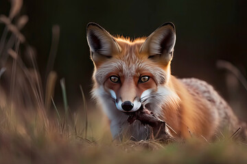 Red Fox after hunting, Vulpes vulpes, wildlife scene from Europe.Portrait of fox with prey on meadow