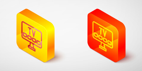 Isometric line Smart Tv icon isolated on grey background. Television sign. Yellow and orange square button. Vector