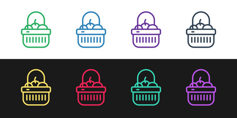 Set line Shopping basket and food icon isolated on black and white background. Food store, supermarket. Vector
