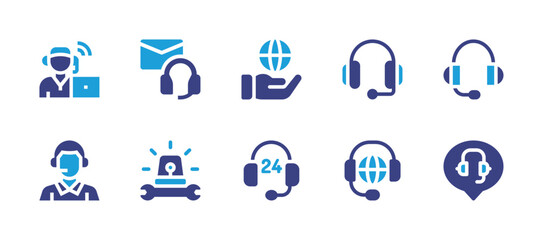 Support icon set. Duotone color. Vector illustration. Containing call center agent, support services, global services, support, headphone, admin, tech support, hours, customer support.